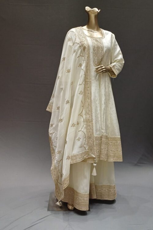White Silk Anarkali Suit with Palazzo & Dupatta – Ethnic Collection