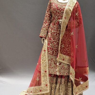 Maroon & Gold Peplum style Outfit with Full Hand Embroidery