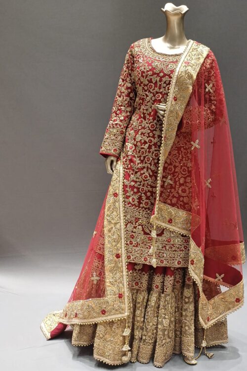 Maroon & Gold Peplum style Outfit with Full Hand Embroidery