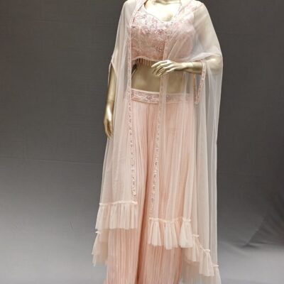 Baby Pink Georgette Cape Set Palazzo with Embroidered Blouse & Shrug