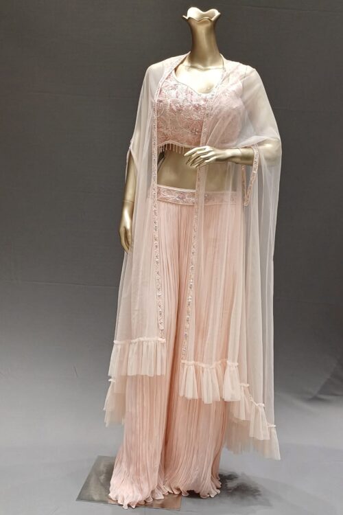 Baby Pink Georgette Cape Set Palazzo with Embroidered Blouse & Shrug – Festive Indo Western Outfit