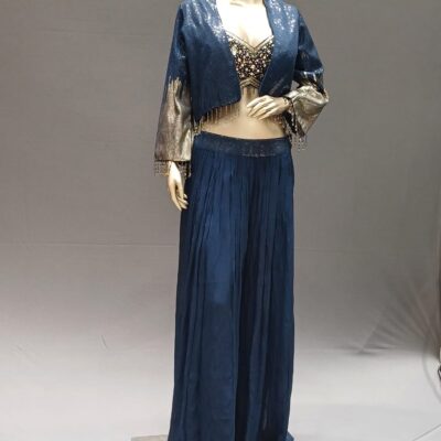 Blue Georgette Palazzo Set with Embroidered Blouse and Jacket – Occasion Wear