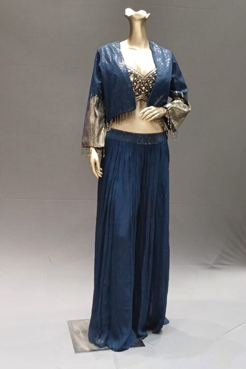Blue Georgette Palazzo Set with Embroidered Blouse and Jacket – Occasion Wear