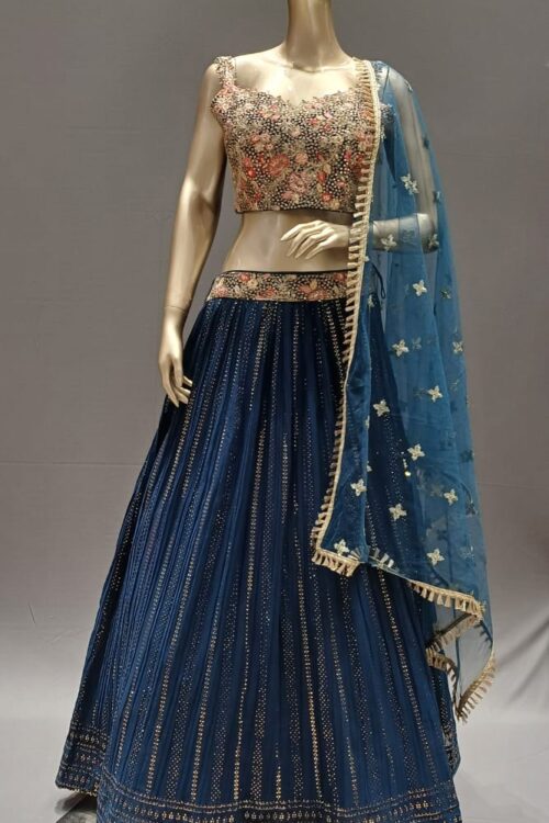 Royal Blue Georgette Lehenga Choli with Kasab Embroidery - wedding wear