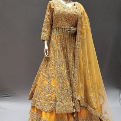 Mustard Raw Silk Peplum style Dress with Hand Work for Wedding wear