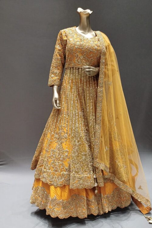 Mustard Raw Silk Peplum style Dress with Hand Work for Wedding wear