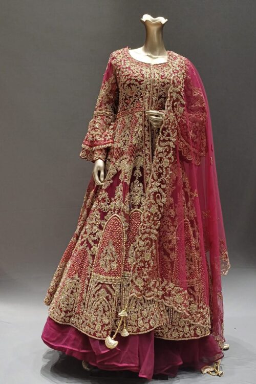 Maroon Peplum style Dress with Traditional Hand Embroidery for Wedding wear