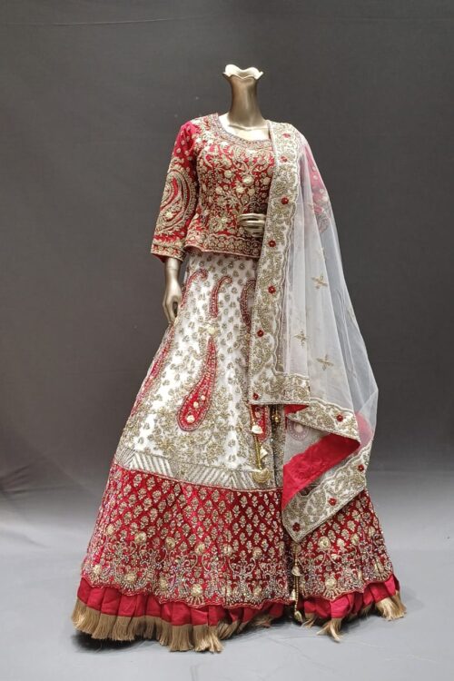 Peplum style Red & White Lehenga Choli with Kasab, Pearl & Mirror Hand Embroidery