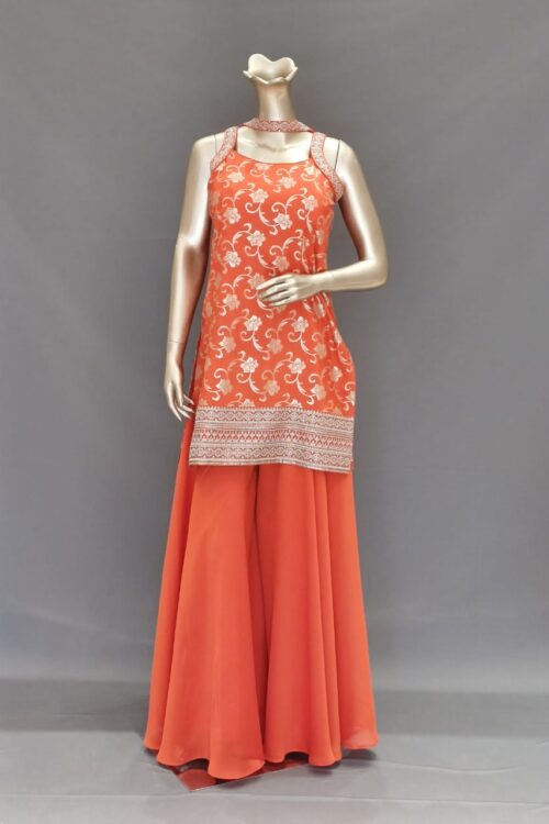 Orange Banarasi Silk Top & Palazzo Set with Choker Style Dupatta, Designer Festive Wear