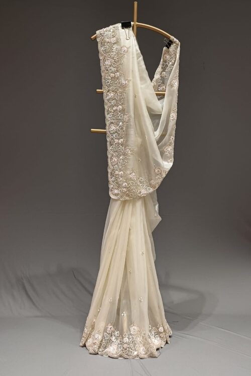 Ivory Glass Tissue Saree with Hand Embroidered Border and Attached Blouse