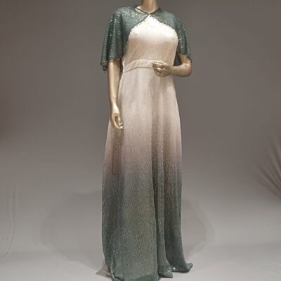 shaded green silver lycra full length gown with shoulder cap