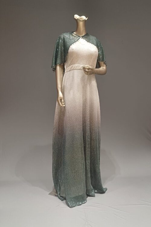 shaded green silver lycra full length gown with shoulder cap