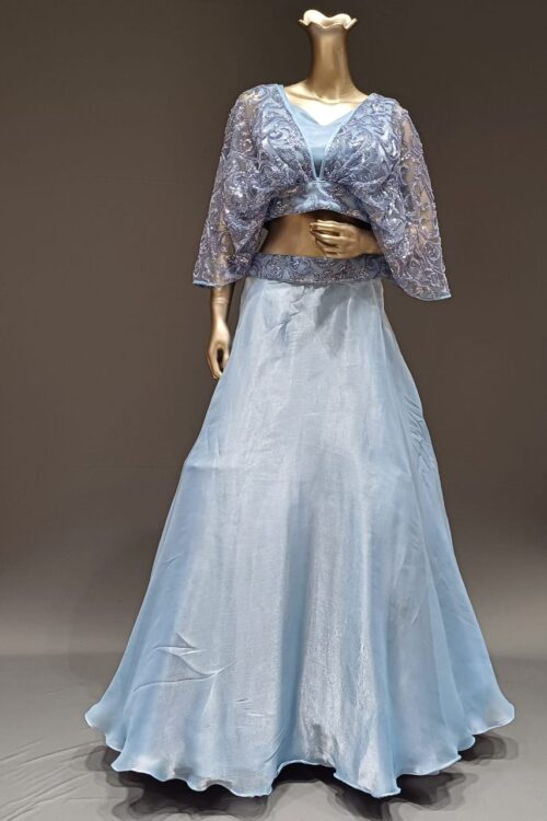 Powder Blue Glass Tissue Skirt Set with Pearl Crop Top & Designer Indo western