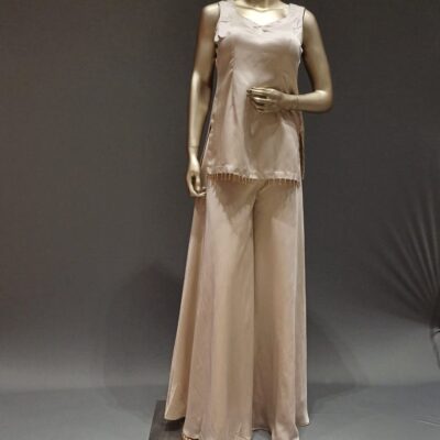 Gold Satin Palazzo Set with Designer Top – Elegant Festive Outfit