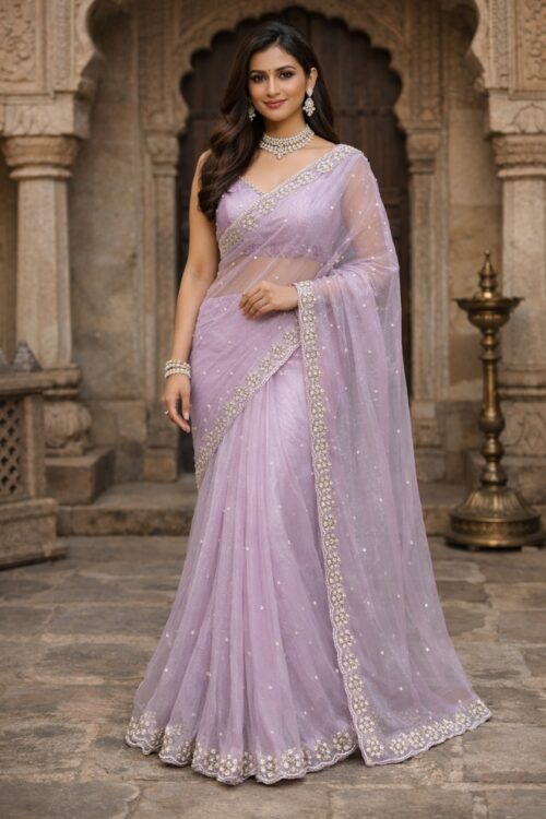 Lavender Glass Tissue Saree with Pearl, Cut Dana & Diamond Embroidery