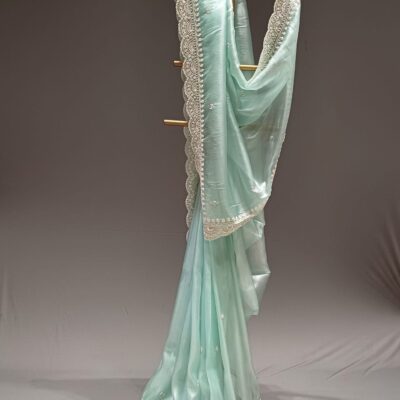 Pista Glass Tissue Saree with Pearl Handwork – Luxury Saree Collection