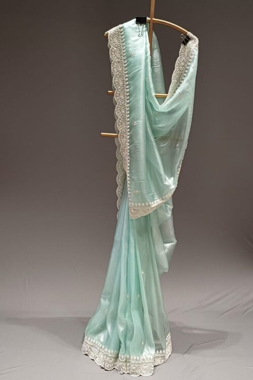 Pista Glass Tissue Saree with Pearl Handwork – Luxury Saree Collection