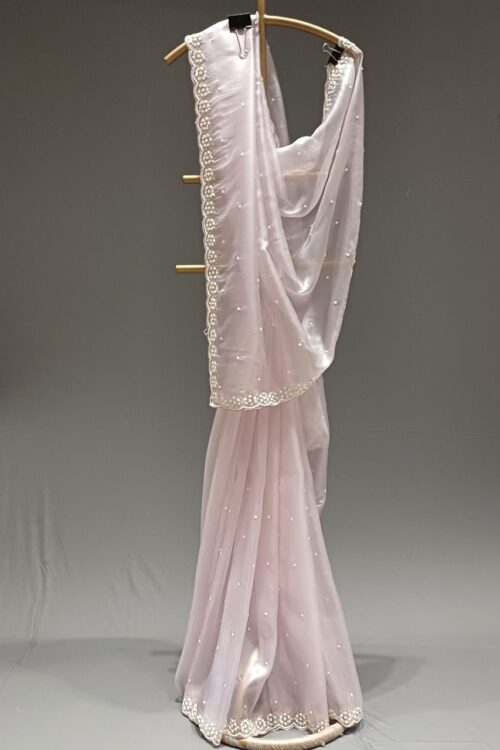 Lavender Glass Tissue Saree with Pearl Embroidery Border