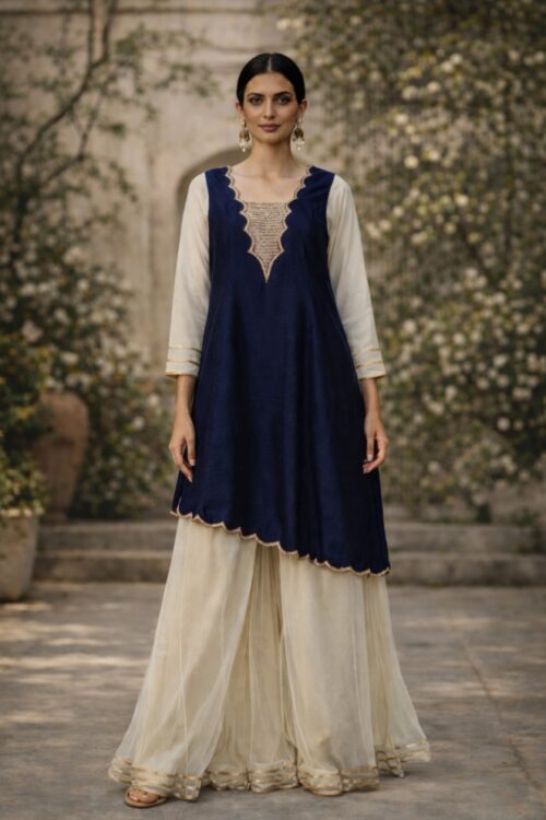 Indo Western Gold Net Palazzo with Blue Asymmetrical Top
