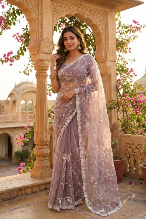 Steel Grey Glass Tissue Handwork Saree with Unstitched Blouse