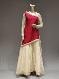 Maroon Raw Silk Asymmetrical Kurta with Gold Net Palazzo Set