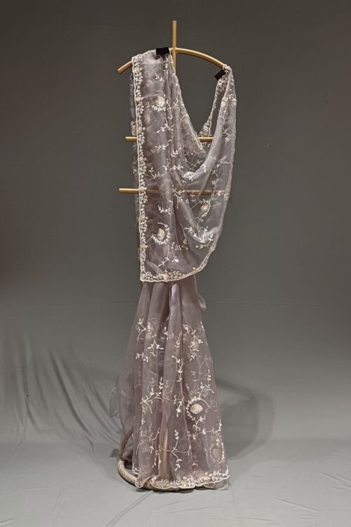 Steel Grey Glass Tissue Handwork Saree with Attached Designer Blouse - party wear saree