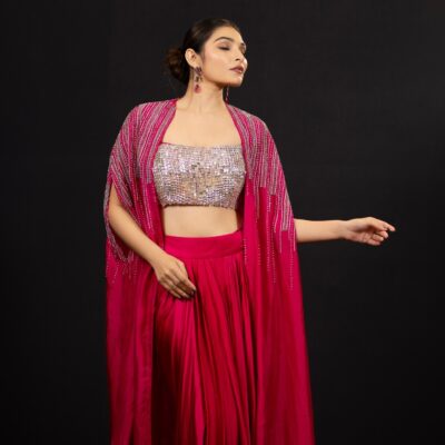 (Diamond Drape) Party wear Rani Pink Satin Silk Indowestern