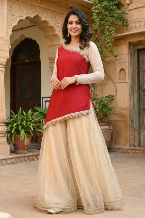 Maroon Raw Silk Asymmetrical Kurta with Gold Net Palazzo