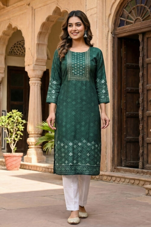 Bottle Green Silk Kurti with Beadwork