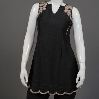 Black Raw Silk Bell Bottom Pant Set with Stylish Crop Top