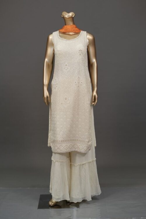 White Lucknowi Straight Kurti Set with Multi-Color Georgette Dupatta – Festive Wear 12-photoshot-2