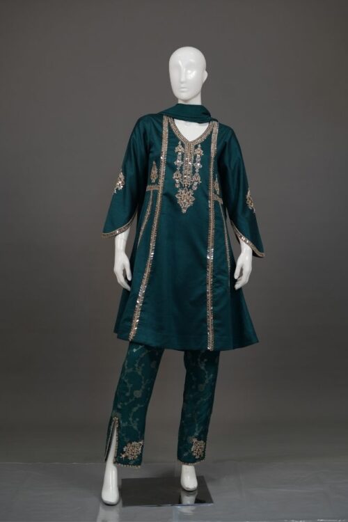 Green Silk Kurti Set with Pant and Dupatta