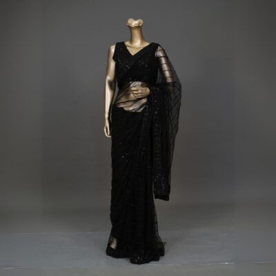 Black Net Designer Saree with Attached Blouse – Party & Festive Wear