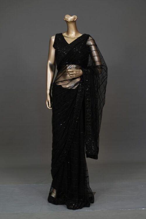 Black Net Designer Saree with Attached Blouse – Party & Festive Wear