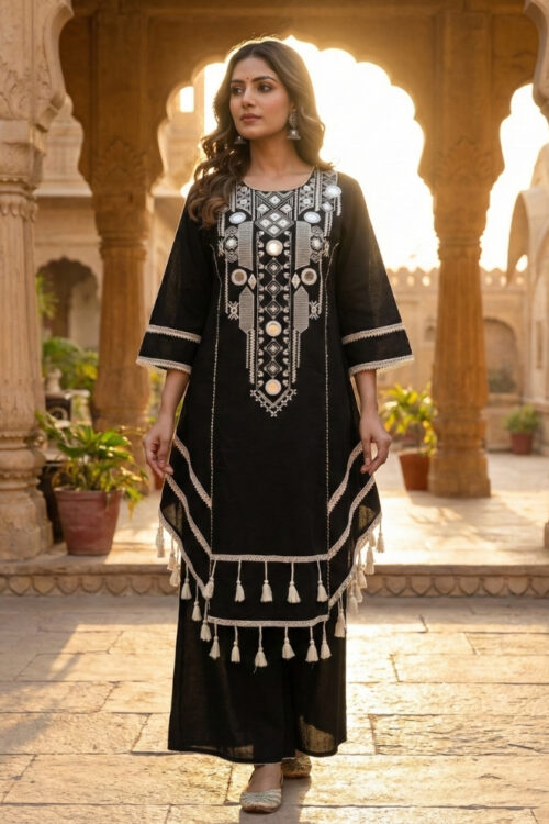 Black Cotton Palazzo with Embroidered Work – Festive Wear