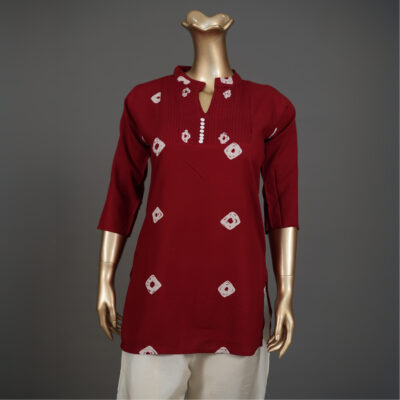 Red Rayon Bandhej Short Kurti – Traditional Printed Casual Top