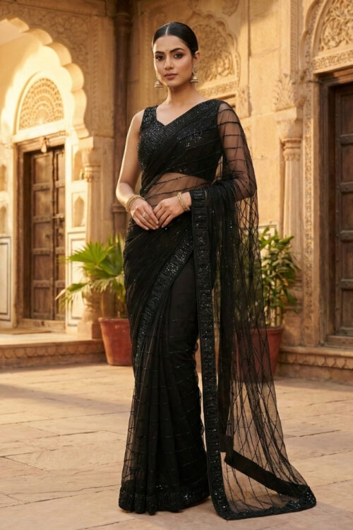 Black Net Designer Saree with Attached Blouse – Party & Festive Wear