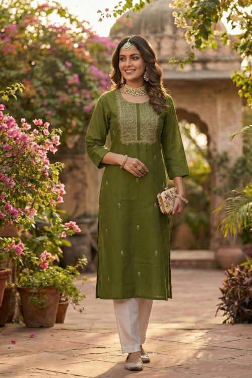 Green Embroidered Silk Kurti – Traditional Party Wear