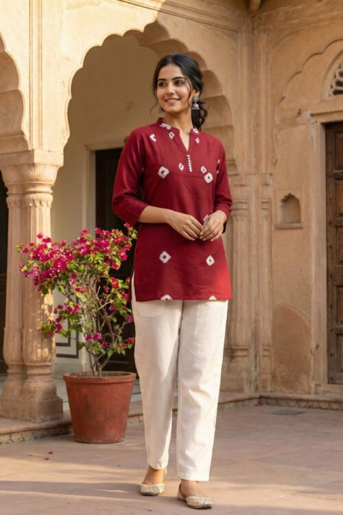 Red Rayon Bandhej Short Kurti – Traditional Printed Casual Top