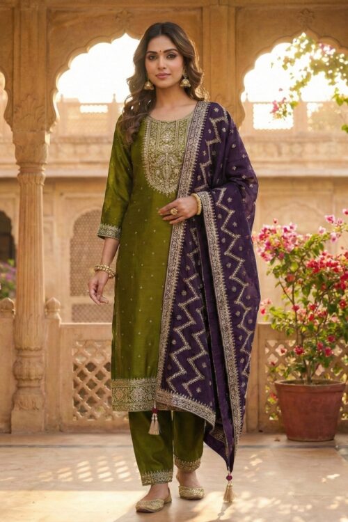 Mahendi Green Silk Straight Suit Set with Embroidery