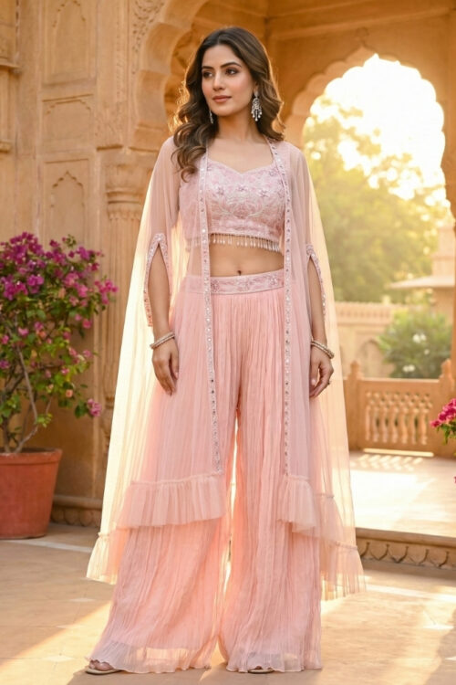 Baby Pink Georgette Cape Set Palazzo with Embroidered Blouse & Shrug – Festive Indo Western Outfit
