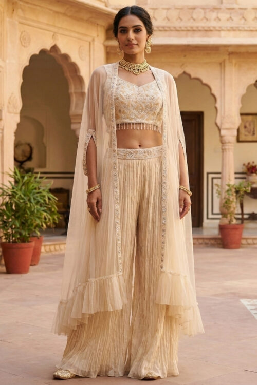 Cream Georgette Cape Set Palazzo with Embroidered Blouse & Shrug – Festive Indo Western Outfit