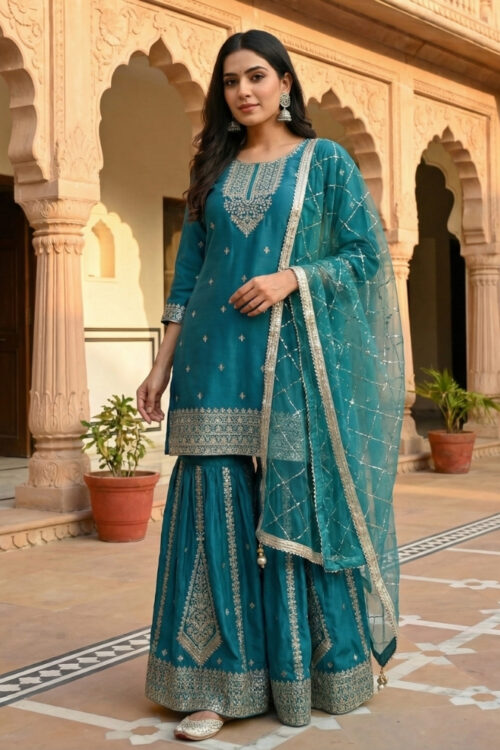 Firozi Silk Sharara with Top & Dupatta – Designer Festive Sharara Set