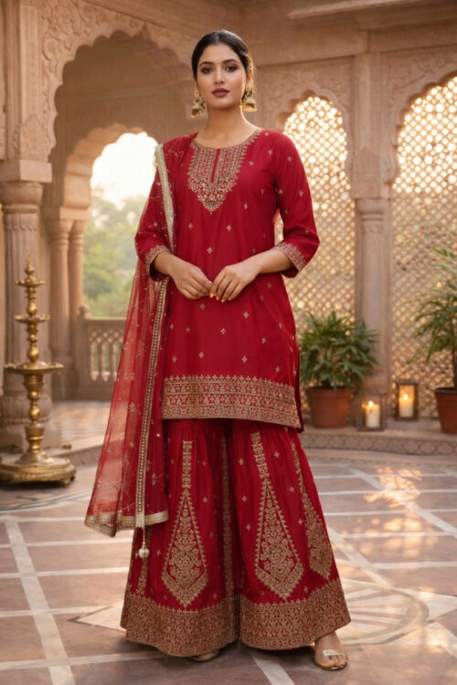 Rani Silk Sharara with Top & Dupatta – Designer Festive Sharara Set