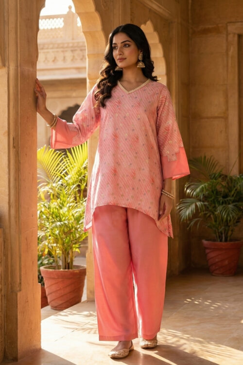 Pink Silk Cord Set with Pearl Embellishment – Elegant Festive Dress