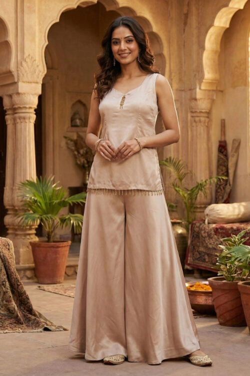 Gold Satin Palazzo Set with Designer Top – Elegant Festive Outfit