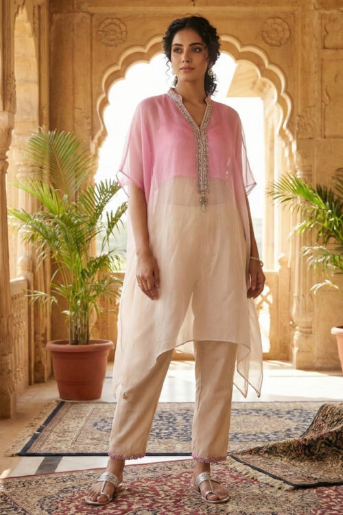 Pink  Kaftan Style 3-Piece Indo Western Set – Festive Wear