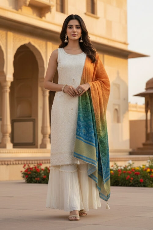 White Lucknowi Straight Kurti Set with Multi-Color Georgette Dupatta