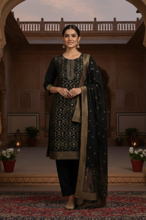 Black Banarasi Silk Straight Suit Set with Pant & Dupatta