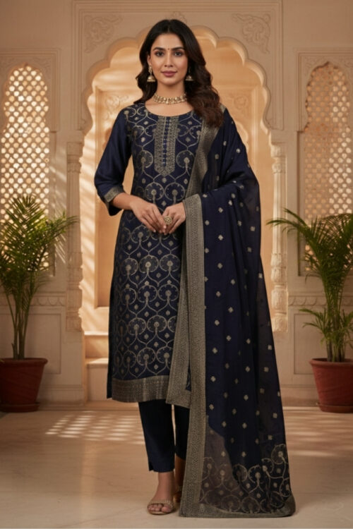 Navy Blue Banarasi Silk Straight Suit Set with Pant & Dupatta